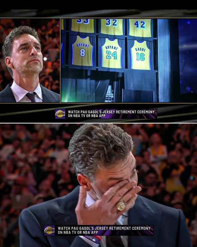 V体育-16+8=24！加索尔泪洒球衣退役仪式 大伙想科比了